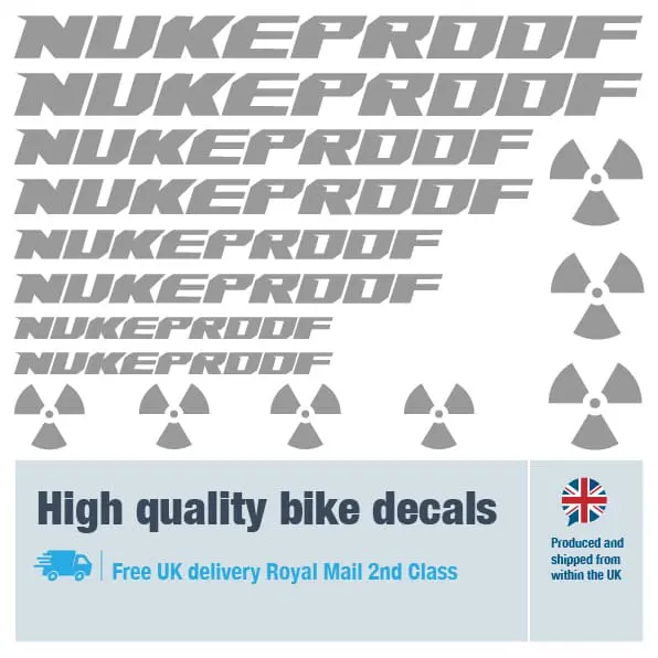 Nukeproof bike decal set in silver. Replacement vinyl stickers for Nukeproof frames.