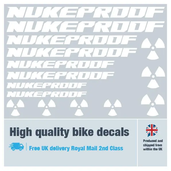Nukeproof bike decal set in white. Replacement vinyl stickers for Nukeproof frames.