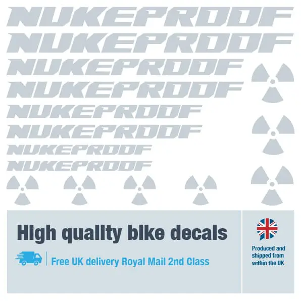 Nukeproof bike decal set in grey. Replacement vinyl stickers for Nukeproof frames.