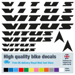 Vitus bike decal set in black. Replacement vinyl stickers for Vitus frames.