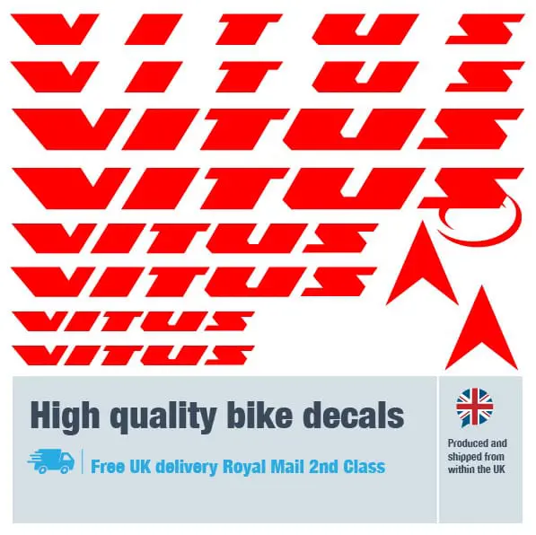 Vitus bike decal set in red. Replacement vinyl stickers for Vitus frames.