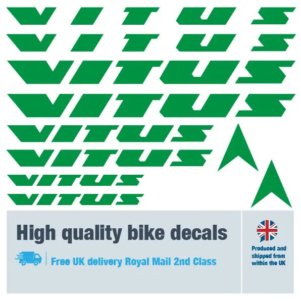 Vitus bike decal set in green. Replacement vinyl stickers for Vitus frames.