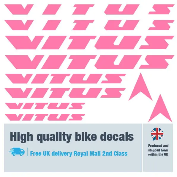 Vitus bike decal set in pink. Replacement vinyl stickers for Vitus frames.