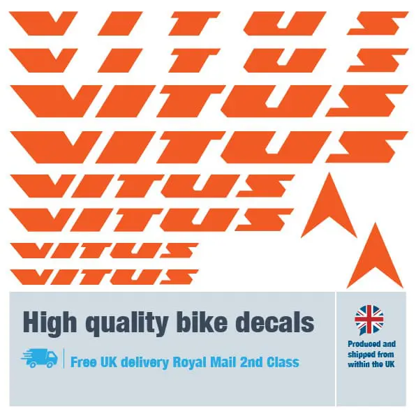 Vitus bike decal set in orange. Replacement vinyl stickers for Vitus frames.