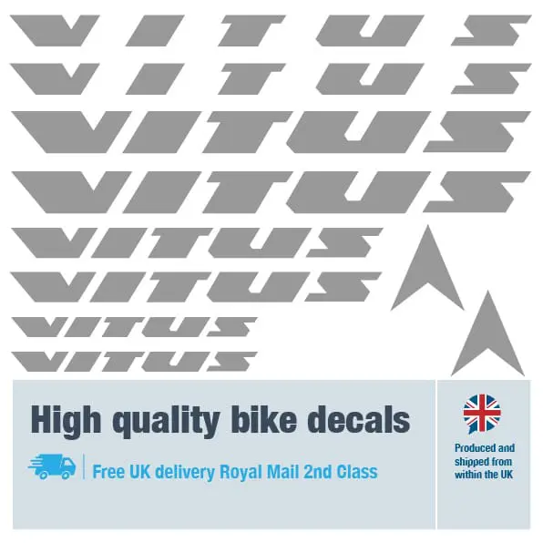 Vitus bike decal set in grey. Replacement vinyl stickers for Vitus frames.