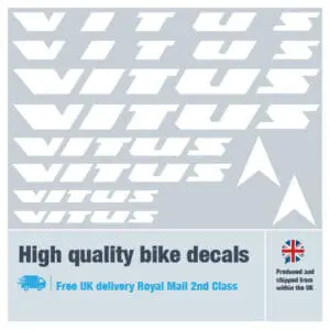 Vitus bike decal set in white. Replacement vinyl stickers for Vitus frames.