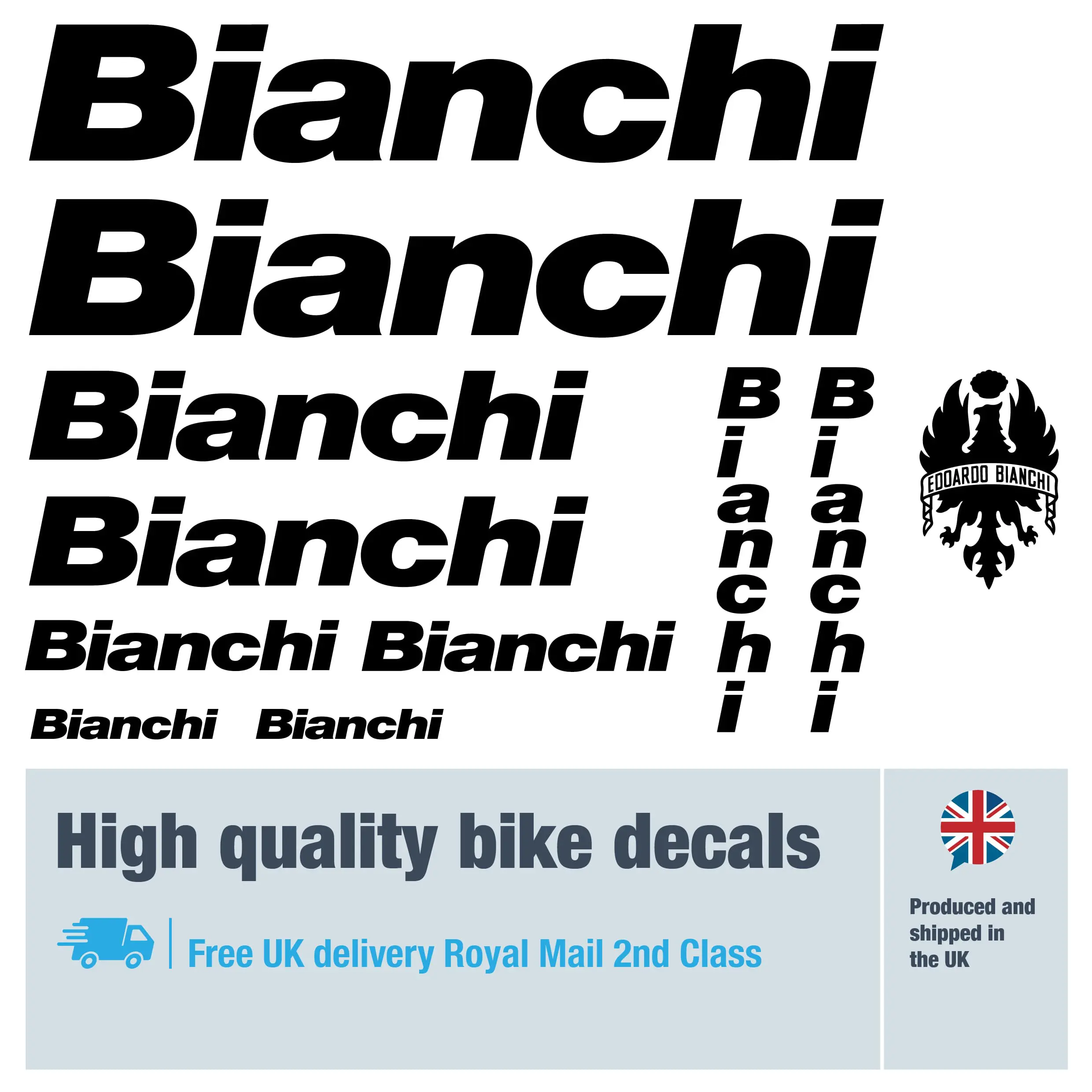 Bianchi bike decal set. Replacement vinyl stickers for Bianchi frames.