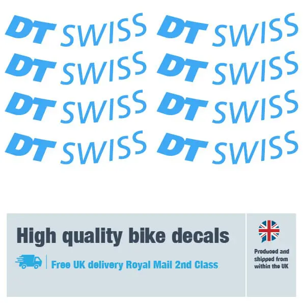 DT Swiss bike wheel decal set in Light blue. Replacement vinyl stickers for DT Swiss wheels.
