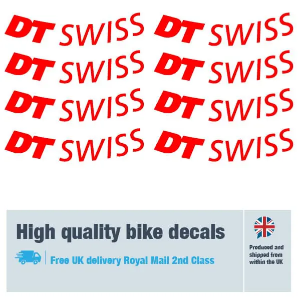 DT Swiss bike wheel decal set in red. Replacement vinyl stickers for DT Swiss wheels.