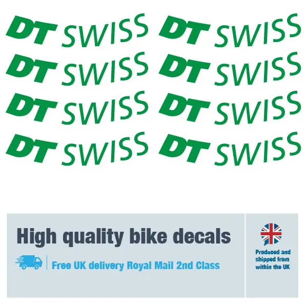 DT Swiss bike wheel decal set in green. Replacement vinyl stickers for DT Swiss wheels.