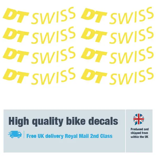 DT Swiss bike wheel decal set in yellow. Replacement vinyl stickers for DT Swiss wheels.