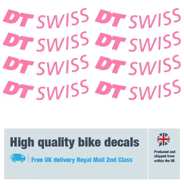 DT Swiss bike wheel decal set in pink. Replacement vinyl stickers for DT Swiss wheels.