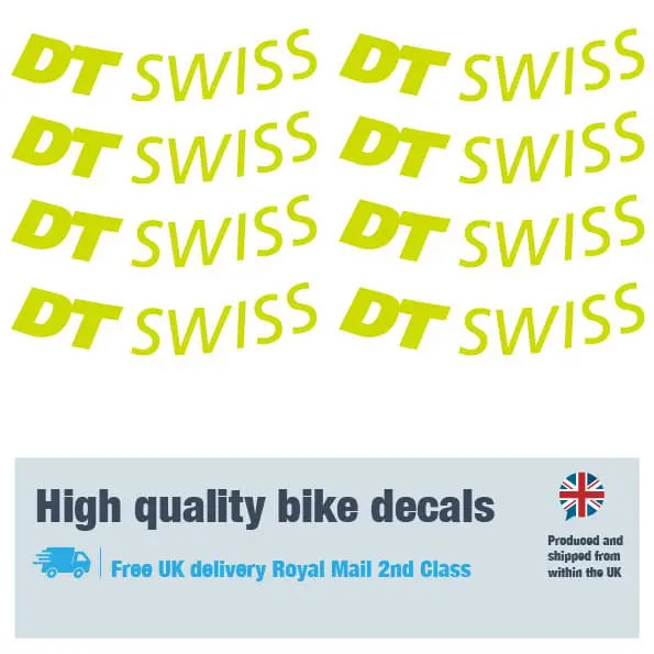 DT Swiss bike wheel decal set in lime. Replacement vinyl stickers for DT Swiss wheels.