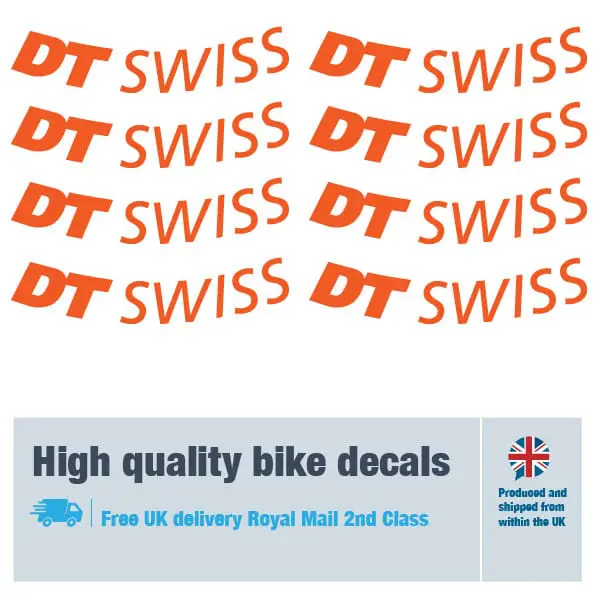 DT Swiss bike wheel decal set in orange. Replacement vinyl stickers for DT Swiss wheels.