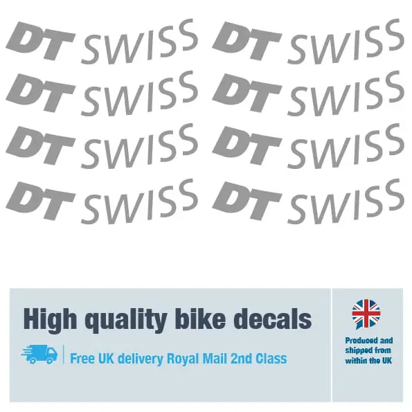 DT Swiss bike wheel decal set in grey. Replacement vinyl stickers for DT Swiss wheels.