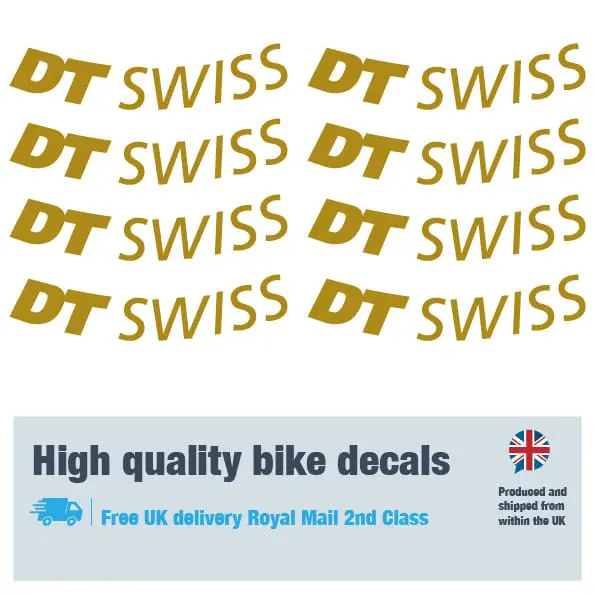 DT Swiss bike wheel decal set in gold. Replacement vinyl stickers for DT Swiss wheels.