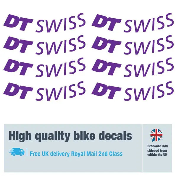DT Swiss bike wheel decal set in purple. Replacement vinyl stickers for DT Swiss wheels.