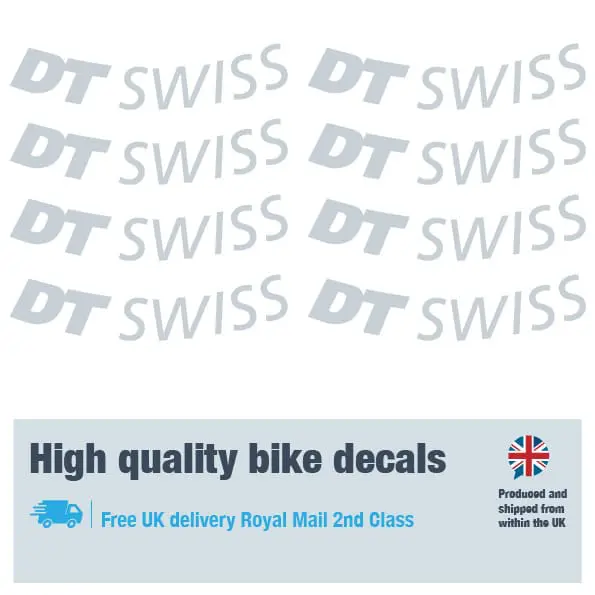 DT Swiss bike wheel decal set in silver. Replacement vinyl stickers for DT Swiss wheels.