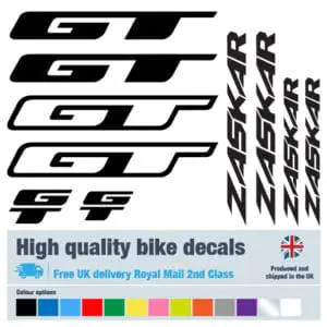 GT Zaskar bike decal set in black. Replacement vinyl stickers for GT frames.