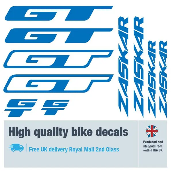 GT Zaskar bike decal set in dark blue. Replacement vinyl stickers for GT frames.