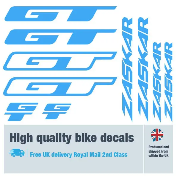 GT Zaskar bike decal set in light blue. Replacement vinyl stickers for GT frames.