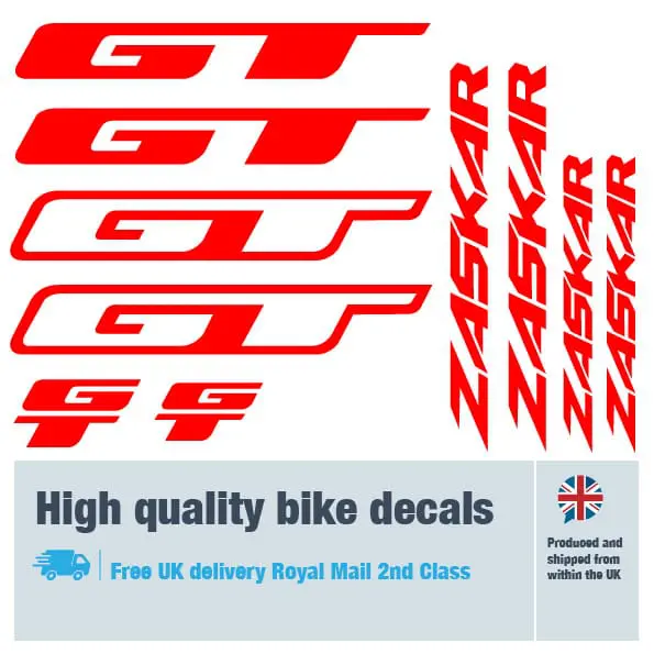 GT Zaskar bike decal set in red. Replacement vinyl stickers for GT frames.