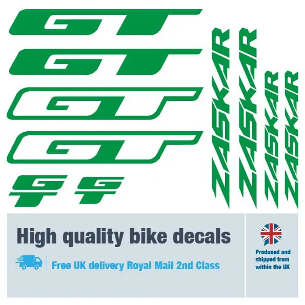 GT Zaskar bike decal set in silver. Replacement vinyl stickers for GT frames.