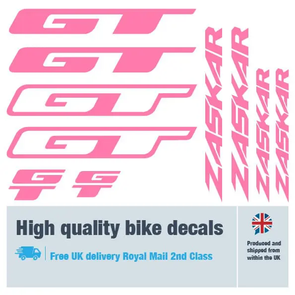 GT Zaskar bike decal set in pink. Replacement vinyl stickers for GT frames.