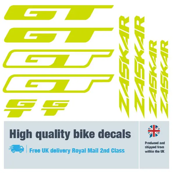 GT Zaskar bike decal set in lime. Replacement vinyl stickers for GT frames.