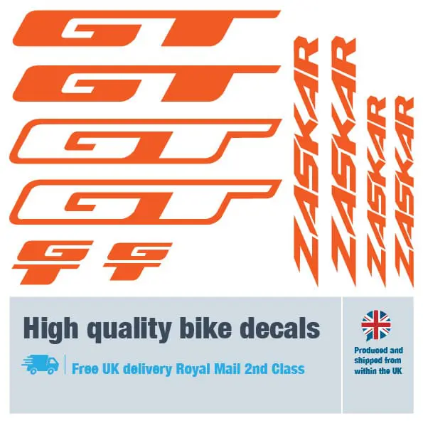 GT Zaskar bike decal set in orange. Replacement vinyl stickers for GT frames.