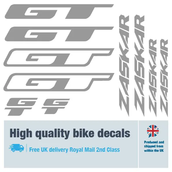 GT Zaskar bike decal set in grey. Replacement vinyl stickers for GT frames.