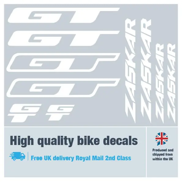 GT Zaskar bike decal set in white. Replacement vinyl stickers for GT frames.