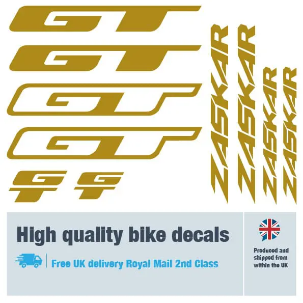 GT Zaskar bike decal set in gold. Replacement vinyl stickers for GT frames.