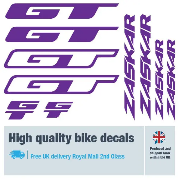 GT Zaskar bike decal set in purple. Replacement vinyl stickers for GT frames.