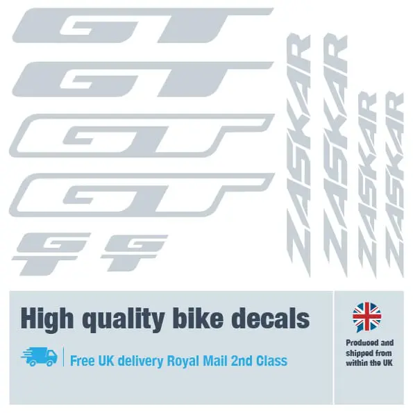 GT Zaskar bike decal set in silver. Replacement vinyl stickers for GT frames.