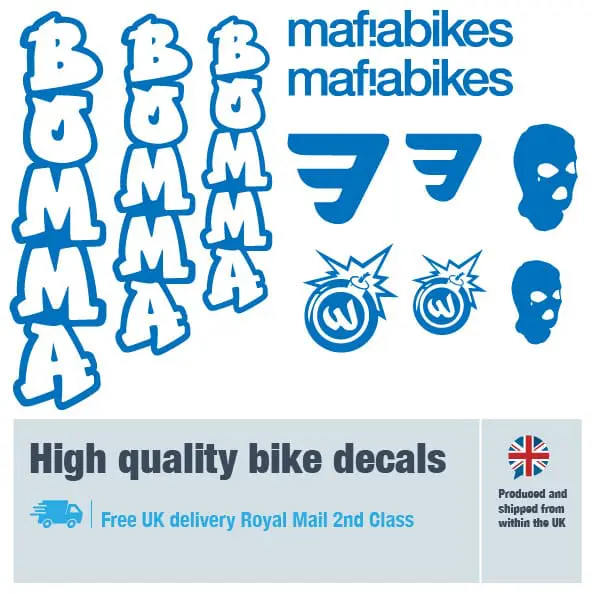 Mafiabikes Bomma bike decal set in Dark Blue. Replacement vinyl stickers for Mafiabikes Bomma frames.