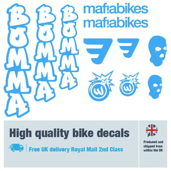 Mafiabikes Bomma bike decal set in Light Blue. Replacement vinyl stickers for Mafiabikes Bomma frames.