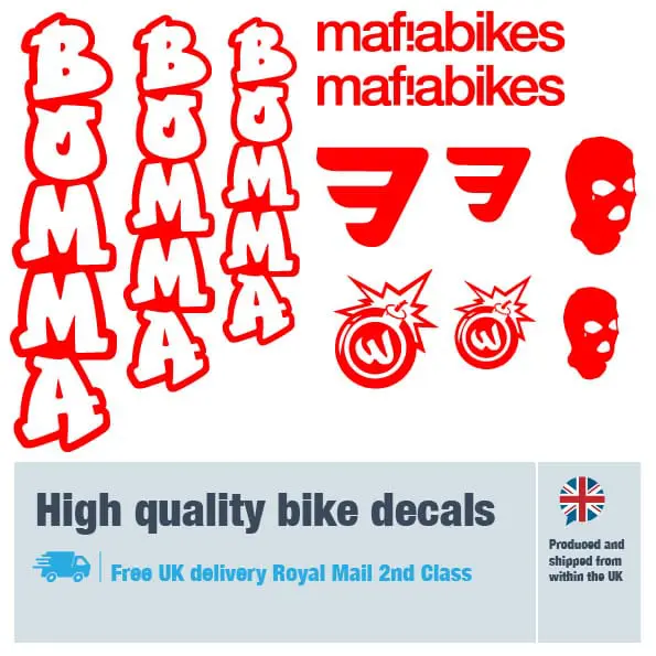 Mafiabikes Bomma bike decal set in red. Replacement vinyl stickers for Mafiabikes Bomma frames.