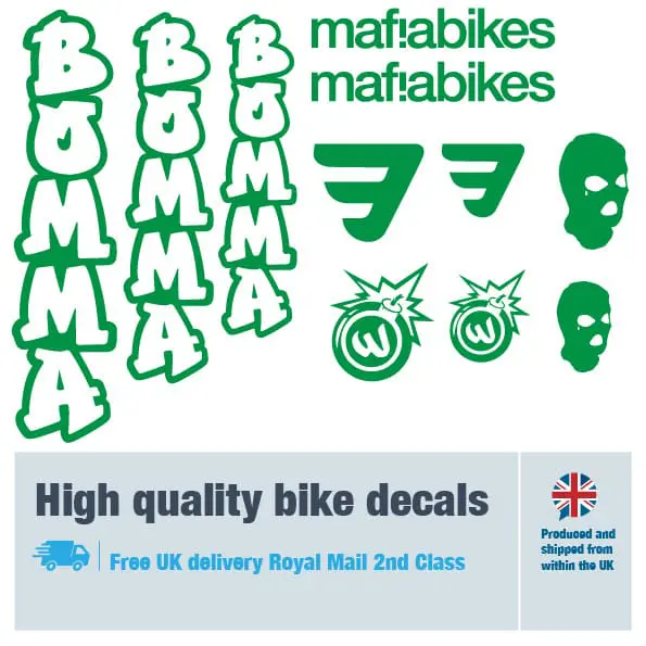 Mafiabikes Bomma bike decal set in green. Replacement vinyl stickers for Mafiabikes Bomma frames.