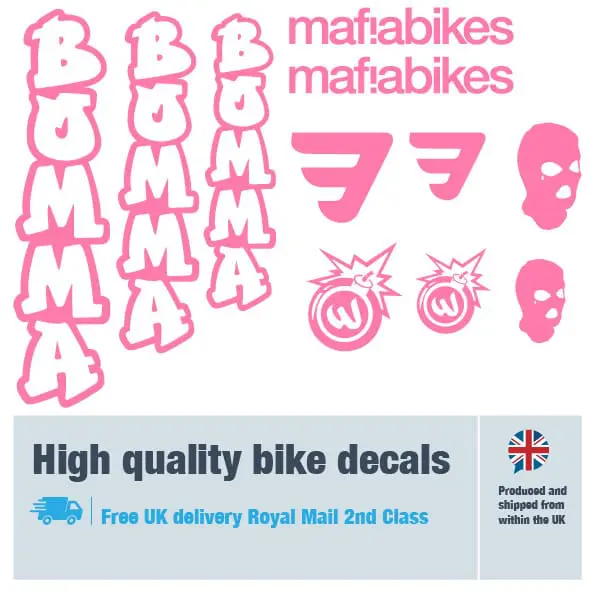 Mafiabikes Bomma bike decal set in pink. Replacement vinyl stickers for Mafiabikes Bomma frames.