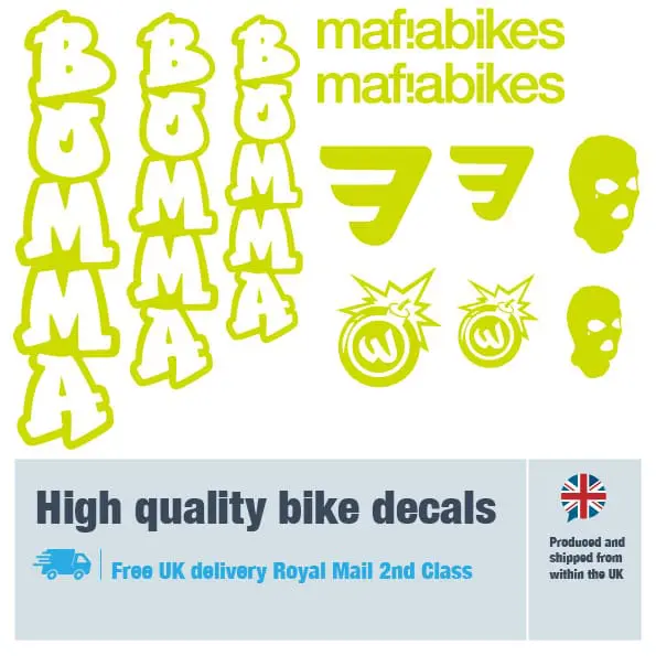 Mafiabikes Bomma bike decal set in lime. Replacement vinyl stickers for Mafiabikes Bomma frames.