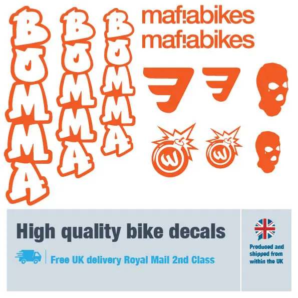 Mafiabikes Bomma bike decal set in orange. Replacement vinyl stickers for Mafiabikes Bomma frames.