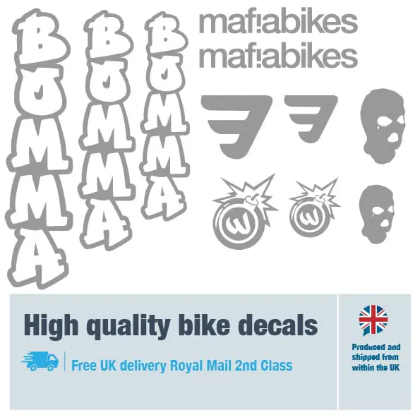 Mafiabikes Bomma bike decal set in grey. Replacement vinyl stickers for Mafiabikes Bomma frames.