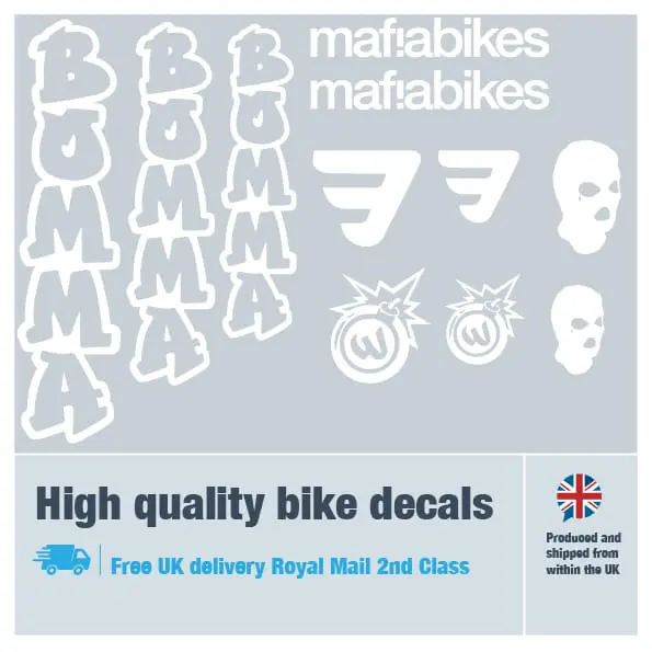 Mafiabikes Bomma bike decal set in white. Replacement vinyl stickers for Mafiabikes Bomma frames.