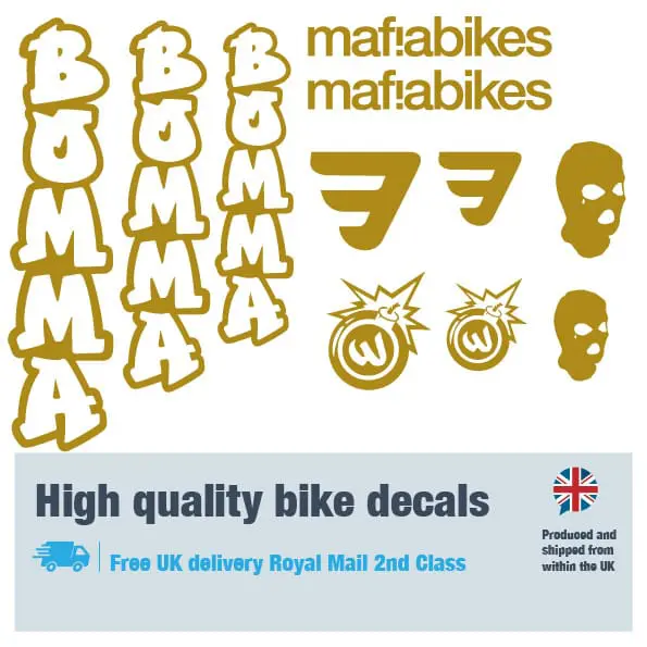 Mafiabikes Bomma bike decal set in gold. Replacement vinyl stickers for Mafiabikes Bomma frames.