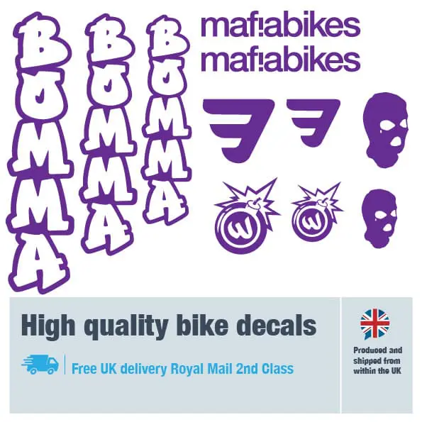 Mafiabikes Bomma bike decal set in purple. Replacement vinyl stickers for Mafiabikes Bomma frames.
