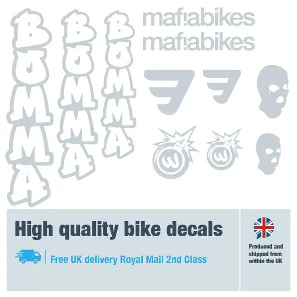 Mafiabikes Bomma bike decal set in silver. Replacement vinyl stickers for Mafiabikes Bomma frames.
