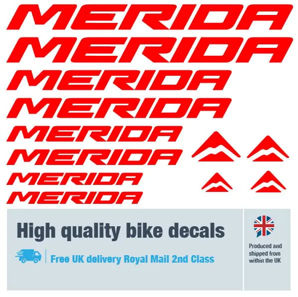 Merida bike decal set in red. Replacement vinyl stickers for Merida frames.
