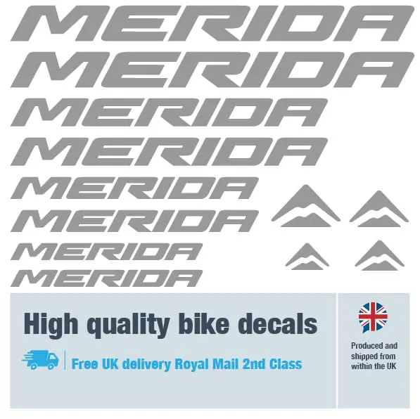 Merida bike decal set in silver. Replacement vinyl stickers for Merida frames.