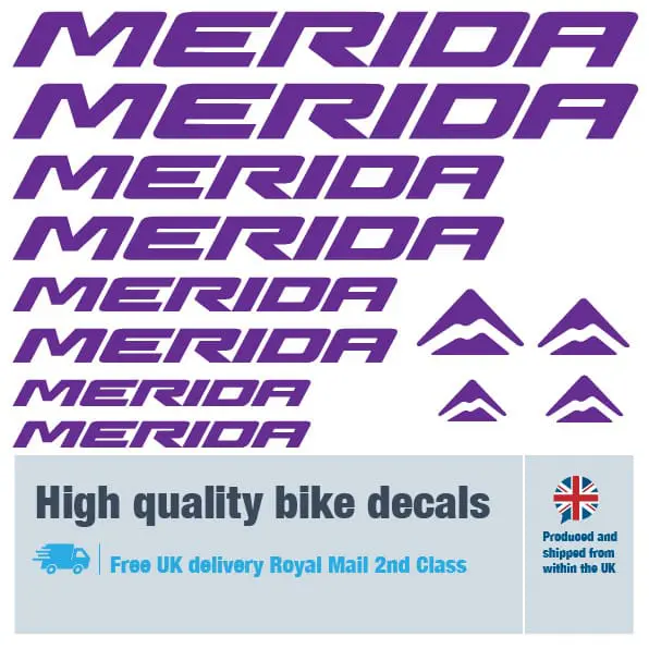 Merida bike decal set in purple. Replacement vinyl stickers for Merida frames.